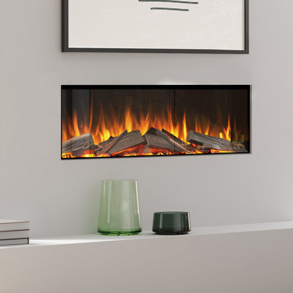 Modern electric fireplace in a living room setting with decorative items.