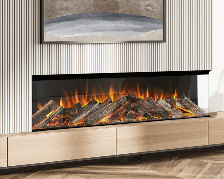 Modern living room with a electric fireplace, beige armchair, and abstract painting.