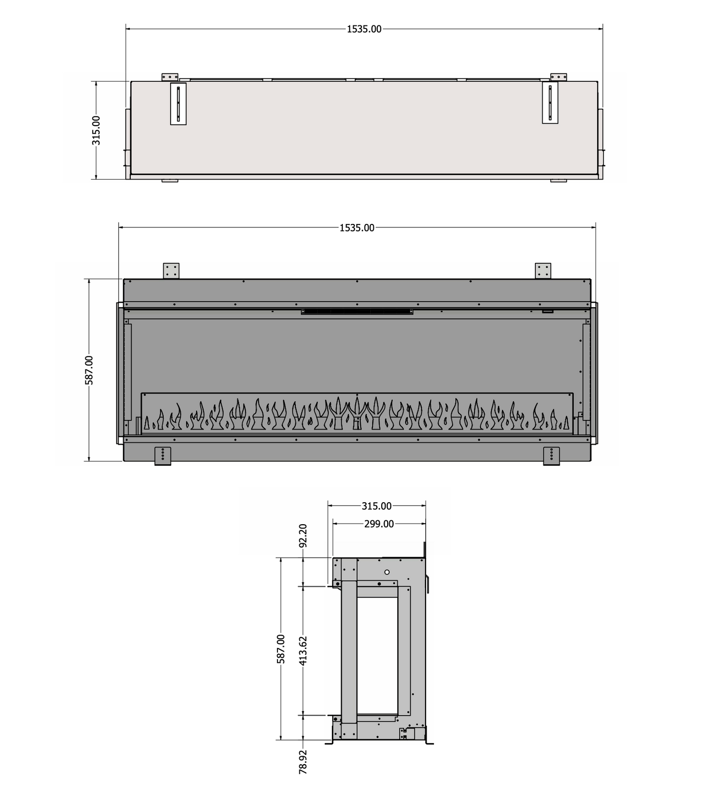 Technical dimension drawing of a rectangular electric fireplace shown from top, front, and side views with measurement labels on a white background.