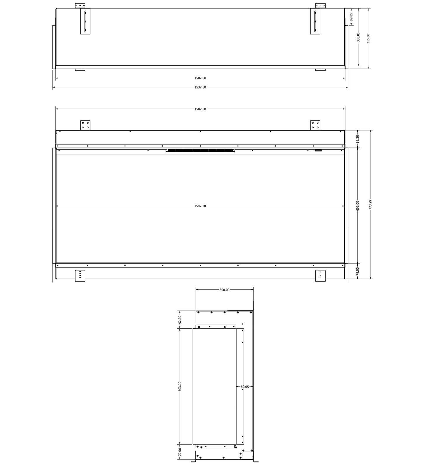 Technical dimension drawing of a rectangular storage box or cabinet, showing front, top, and side views with measurement annotations on a white background.