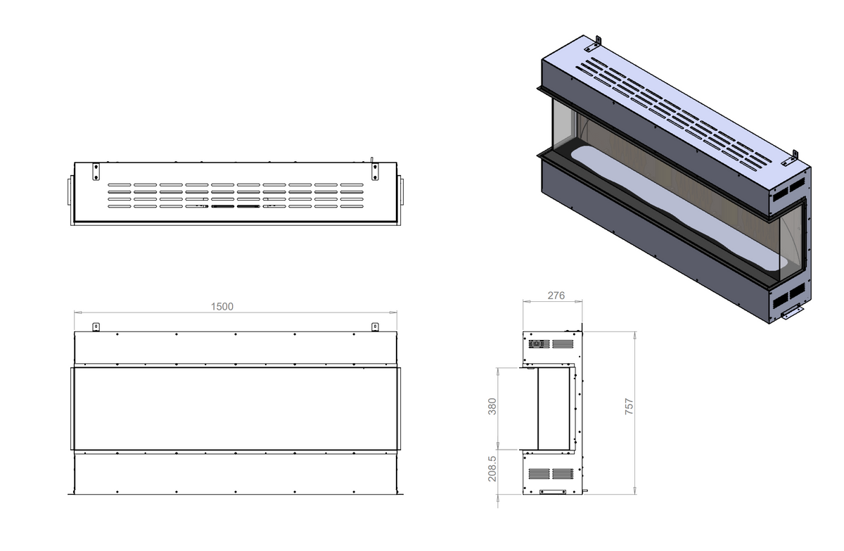 Technical line drawing showing multiple orthographic views and dimensions of a rectangular wall-mounted unit, including front, back, side, and a 3D isometric rendering, on a white background.