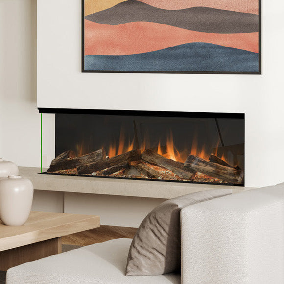 Modern living room with wooden chairs, a coffee table, and a fireplace.
