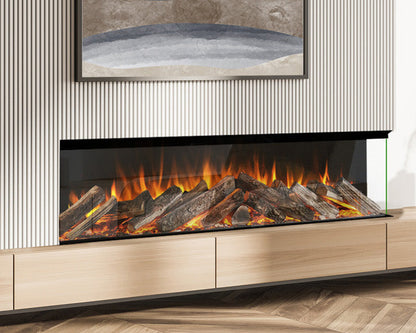 Modern living room with a electric fireplace, beige armchair, and abstract painting.