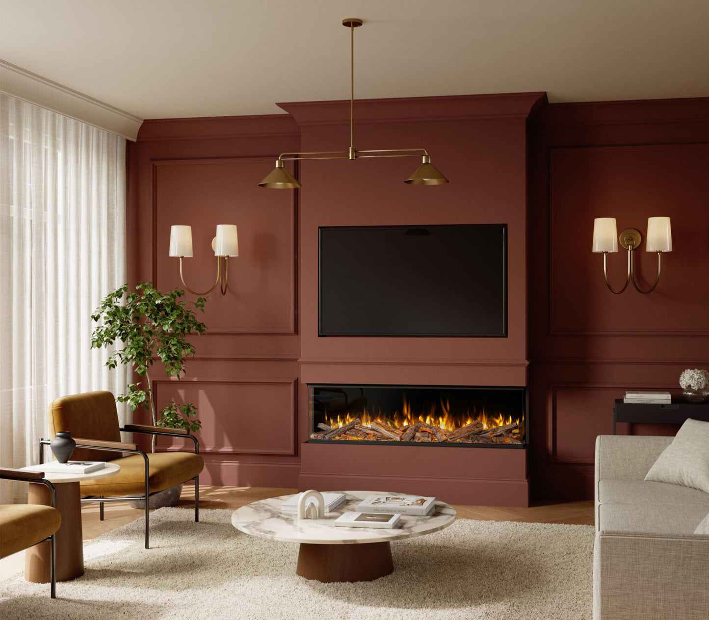 Modern living room with a fireplace, television, and decorative elements.