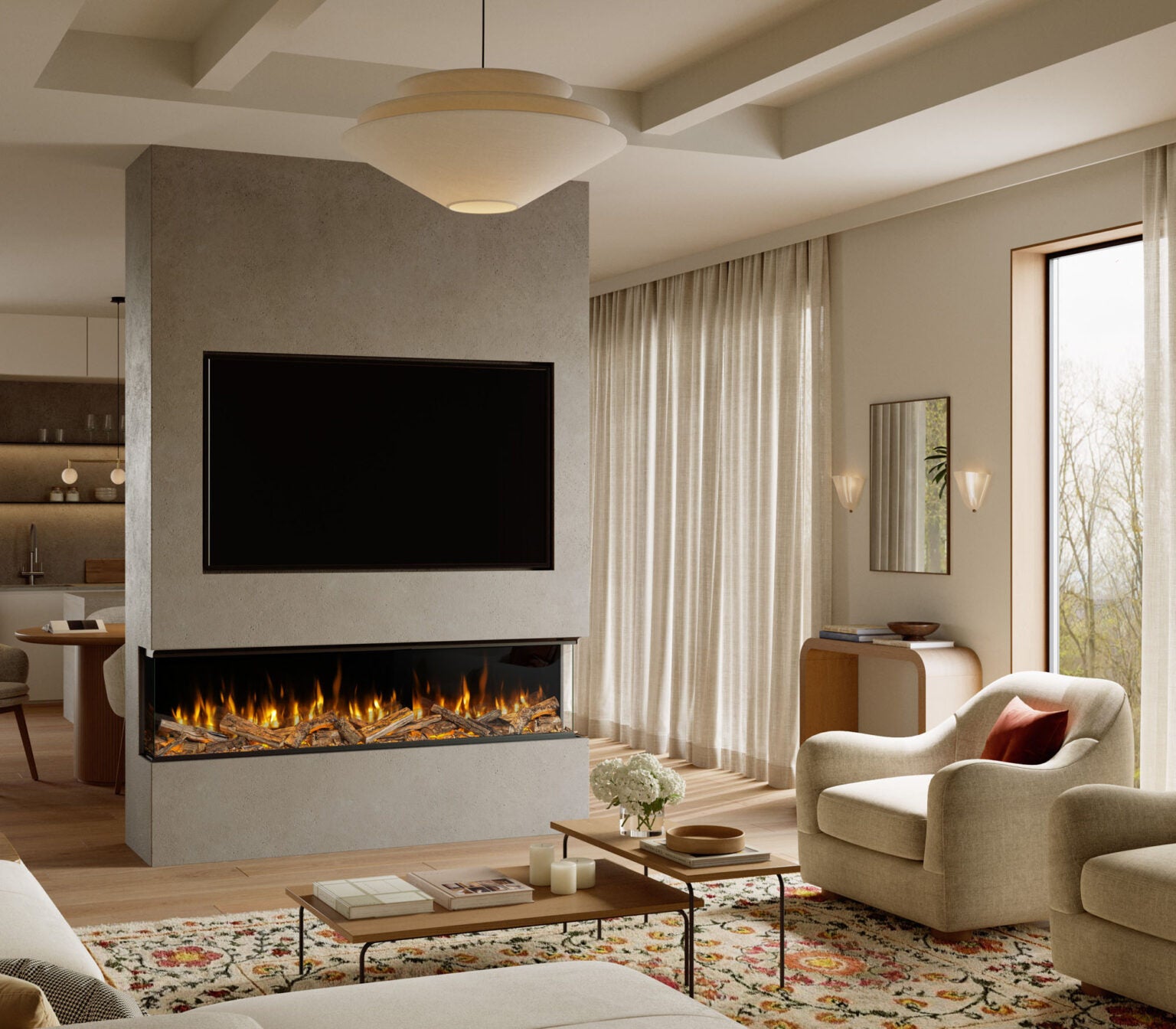 Modern living room with a fireplace, TV, and comfortable furniture.