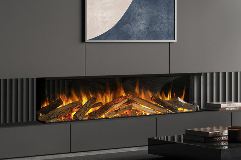 Modern living room with electric fireplace, gray walls, and black chairs.