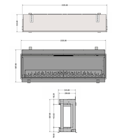 Technical dimension drawing of a rectangular electric fireplace shown from top, front, and side views with measurement labels on a white background.